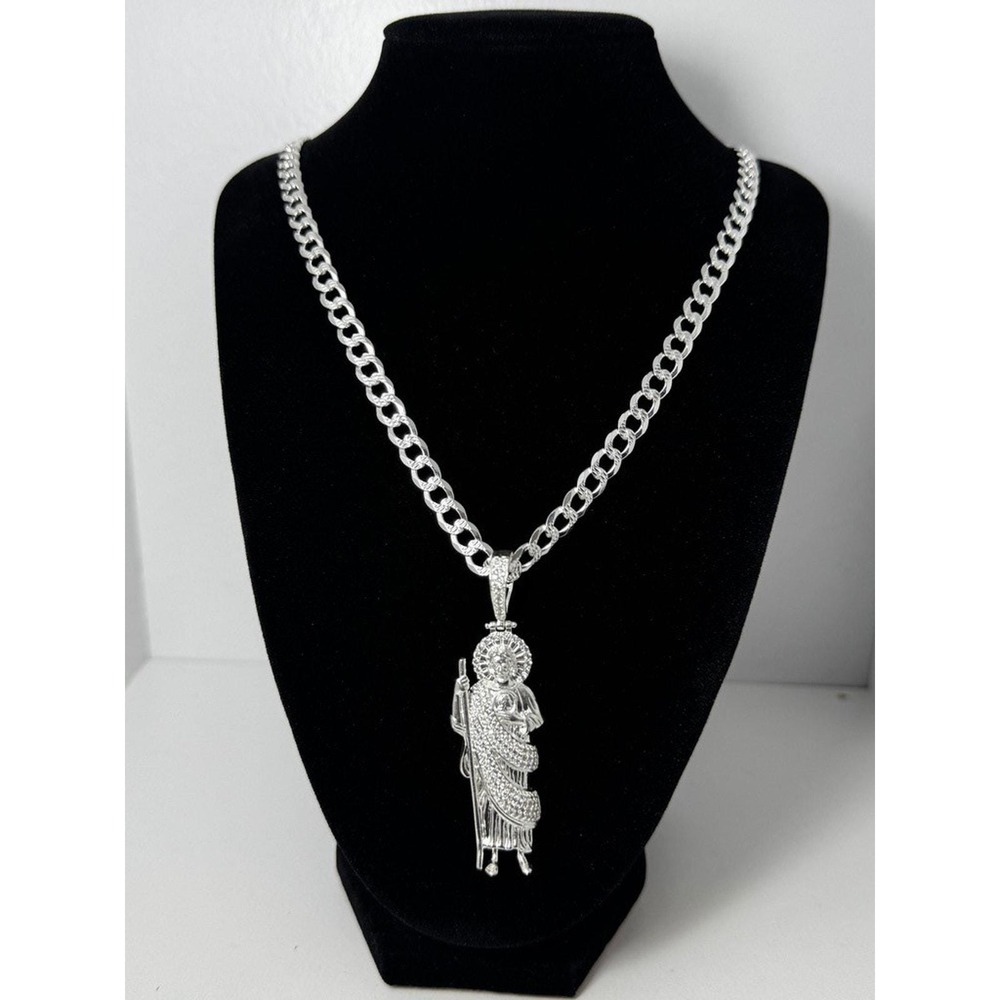 925 Sterling Silver San‎ Judas Tadeo Pendant Necklace 27 Inch Curb Chain